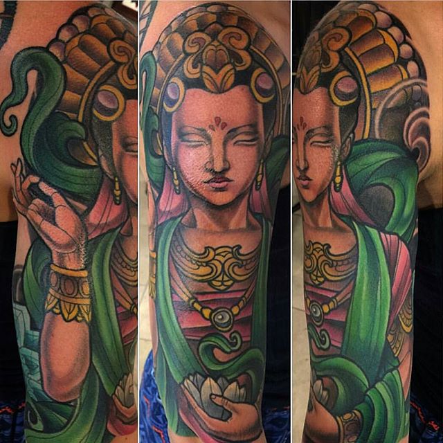 Full Color Guanyin Upper Arm Tattoo