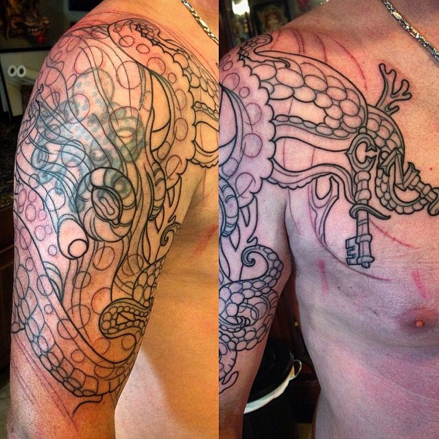 Octopus Tattoo Cover up in Progress by Terry Ribera