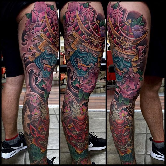 #terryribera @terryribera done on guest spot at @kapalatattoo top 1/2 from thigh down to below knew done in 2 days. Bottom 1/2 was done last year. There's a Hanya mask on the inner calf not shown in the photo. #RemingtonTattoo #sandiego #winnipeg #canada #usa #kapalatattoo