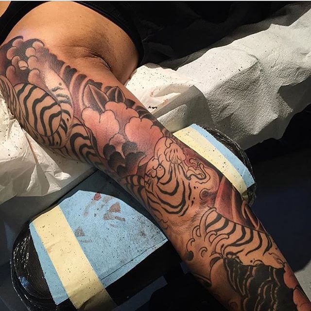 Japanese sleeve in progress by @alessioricci #alessioricci #tattoo #tattoos #japanesetattoo #japanesesleeve #remingtontattoo #northpark #sandiego #sandiegotattooartist