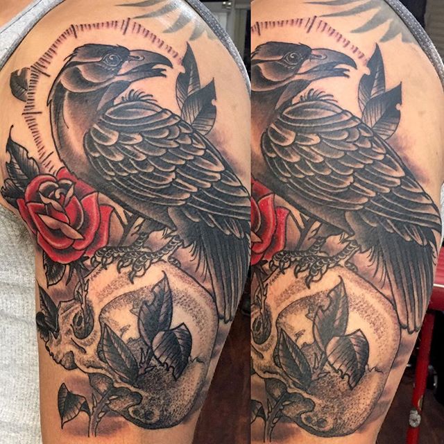 Raven from tattoo from @chriscockadoodledo done in one sitting