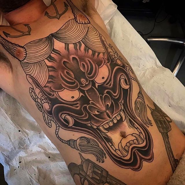 Progress shot of a Hannya tattoo by @alessioricci #hannyatattoo #hannyamasktattoo #wip #japanesetattoo #sandiegotattooartist #sandiegotattoo