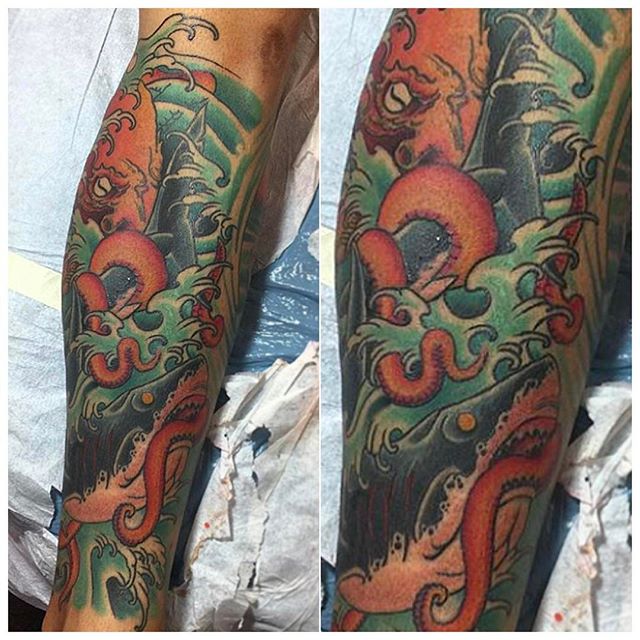 Octopus and shark leg tattoo by @horichata #octopustattoo #sharktattoo #legtattoo #legsleeve #sleeve #sleevetattoo #naturetattoo #sandiegotattooartist #illustrativetattoo #tattooistartmag #tattooworkers #sandiegotattooshop #sandiegotattoo