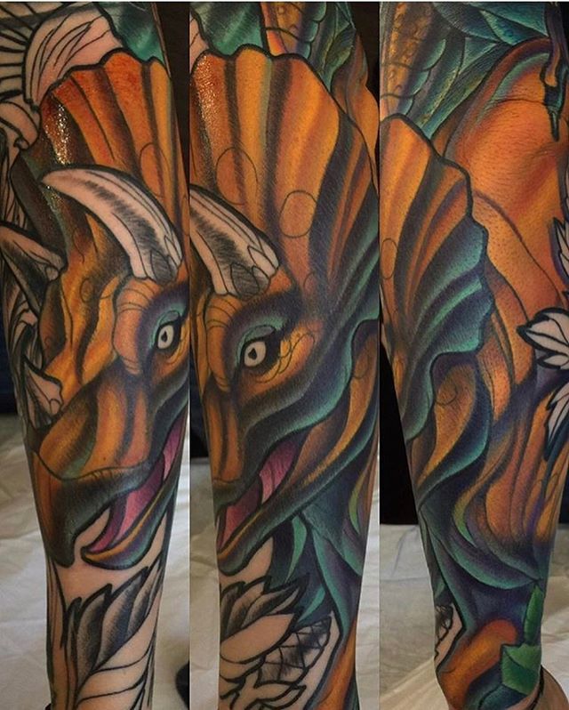Dinosaur tattoo in progress by @terryribera #dinosaur #dinosaurtattoo #triceratops #triceratopstattoo #remingtontattoo #sandiegotattooshop #northparksandiego #sandiegotattoo #sandiegotattooartist #illustrativetattoo