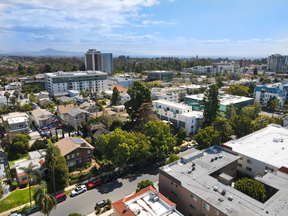 Aerial view above Hillcrest neighborhood in San Diego