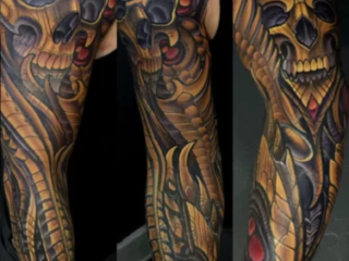 bio-organic-skull-gold-orange-sleeve-tattoo-terry-ribera-san-diego