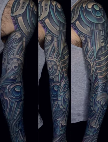 biomechanical gears pistons blue grey full-sleeve tattoo terry ribera-San Diego