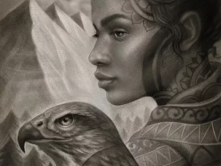 fine-art-woman-hawk-eagle-mountains-drawing-terry-ribera-san-diego