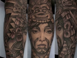 illustrative-black-grey-aztec-woman-portrait-forearm-tattoo-terry-ribera-san-diego
