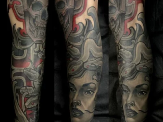 illustrative-black-grey-medusa-skull-leg-sleeve-tattoo-terry-ribera-san-diego