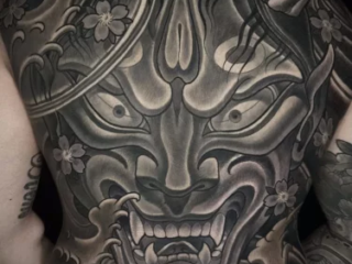 illustrative-neo-japanese-hannya-mask-full-back-black-grey-tattoo-terry-ribera-san-diego