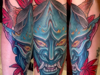 illustrative-neo-japanese-hannya-mask-maple-leaf-forearm-tattoo-terry-ribera-san-diego