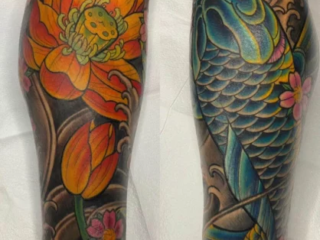 illustrative-neo-japanese-koi-orange-lotus-calf-two-panel-tattoo-terry-ribera-san-diego