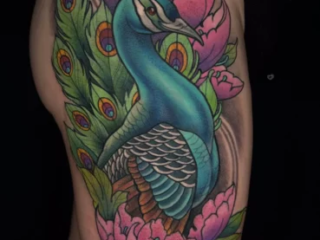 illustrative-neo-japanese-peacock-peony-thigh-tattoo-terry-ribera-san-diego