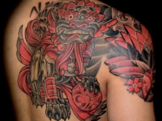 illustrative-neo-japanese-red-foo-dog-shoulder-back-cherry-blossom-tattoo-terry-ribera-san-diego