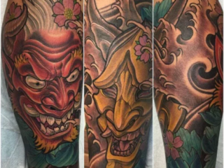 illustrative-neo-japanese-red-gold-hannya-duo-calf-tattoo-terry-ribera-san-diego
