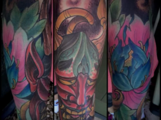 illustrative-neo-japanese-red-hannya-lotus-flowers-calf-tattoo-terry-ribera-san-diego