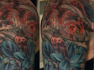 illustrative-neo-japanese-red-koi-blue-lotus-shoulder-tattoo-terry-ribera-san-diego