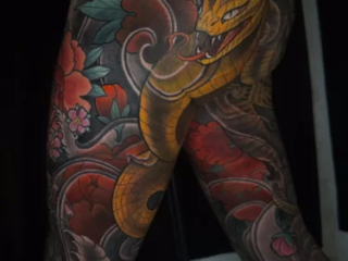 illustrative-neo-japanese-snake-peony-leg-tattoo-terry-ribera-san-diego