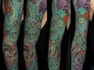 illustrative-neo-japanese-teal-green-dragon-hannya-purple-chrysanthemum-full-sleeve-tattoo-terry-ribera-san-diego