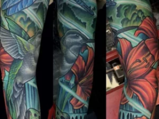 illustrative-neo-traditional-dragonfly-hummingbird-frog-sleeve-tattoo-terry-ribera-san-diego