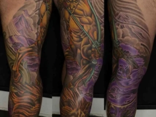 illustrative-neo-traditional-native-warrior-archer-lion-leg-sleeve-tattoo-terry-ribera-san-diego