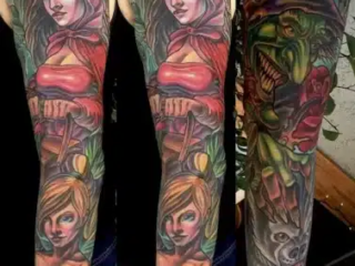 illustrative-neo-traditional-red-riding-hood-fairy-tale-sleeve-tattoo-terry-ribera-san-diego