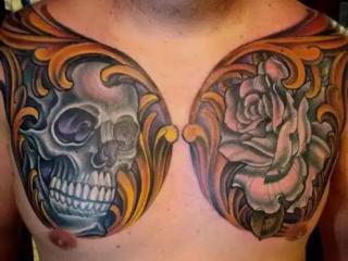 illustrative-neo-traditional-skull-rose-chest-tattoo-terry-ribera-san-diego