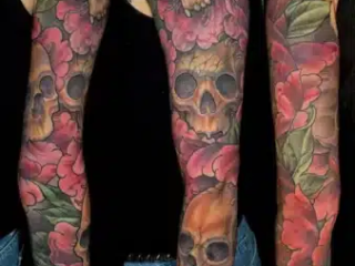 illustrative-neo-traditional-skulls-peonies-sleeve-tattoo-terry-ribera-san-diego