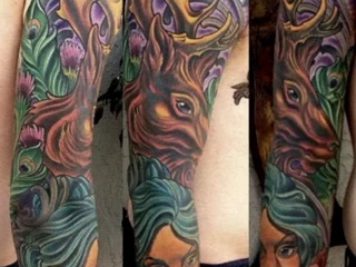 illustrative-neo-traditional-stag-woman-peacock-sleeve-tattoo-terry-ribera-san-diego