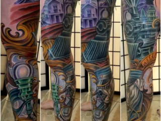 illustrative-neo-traditional-steam-train-pug-leg-sleeve-tattoo-terry-ribera-san-diego