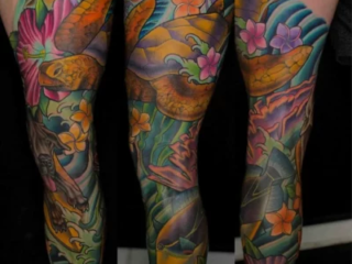 illustrative-neo-traditional-tropical-sea-turtle-leg-sleeve-tattoo-terry-ribera-san-diego