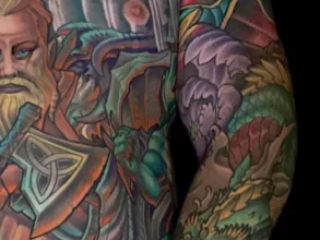 illustrative-neo-traditional-viking-warrior-dragon-sleeve-tattoo-terry-ribera-san-diego