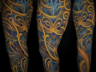 ornamental-art-nouveau-gold-blue-full-sleeve-tattoo-terry-ribera-san-diego
