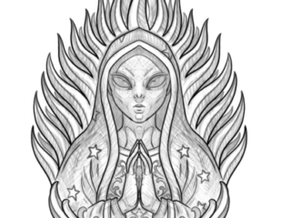 tattoo-sketch-alien-madonna-praying-flames-pencil-terry-ribera-san-diego