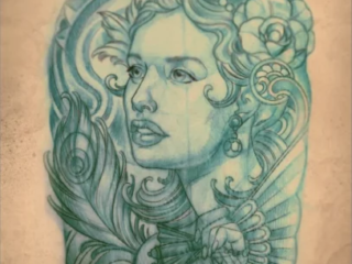 tattoo-sketch-art-nouveau-woman-portrait-blue-pencil-terry-ribera-san-diego
