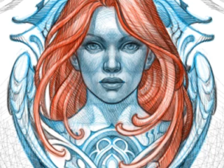 tattoo-sketch-art-nouveau-woman-redhead-portrait-blue-red-pencil-terry-ribera-san-diego