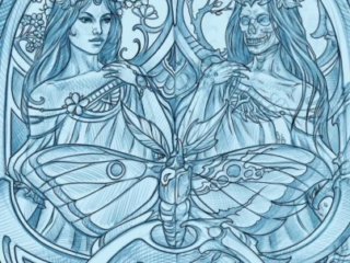 tattoo-sketch-art-nouveau-woman-skeleton-moth-blue-pencil-terry-ribera-san-diego