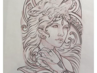 tattoo-sketch-art-nouveau-woman-wolf-moon-pencil-terry-ribera-san-diego