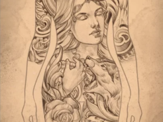 tattoo-sketch-art-nouveau-woman-wolf-rose-bodysuit-sepia-pencil-terry-ribera-san-diego