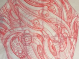 tattoo-sketch-biomechanical-back-piece-red-pencil-on-skin-stencil-terry-ribera-san-diego