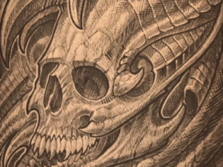 tattoo-sketch-biomechanical-dragon-skull-sepia-pencil-terry-ribera-san-diego