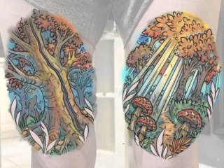 tattoo-sketch-enchanted-forest-mushroom-thigh-colored-digital-terry-ribera-san-diego