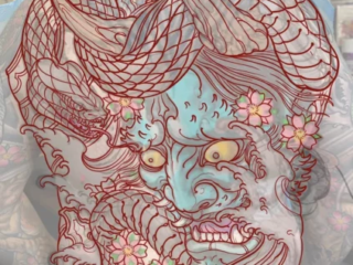 tattoo-sketch-hannya-dragon-cherry-blossom-back-piece-design-on-skin-terry-ribera-san-diego