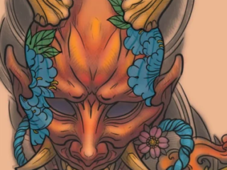 tattoo-sketch-hannya-mask-blue-peony-flowers-colored-digital-terry-ribera-san-diego