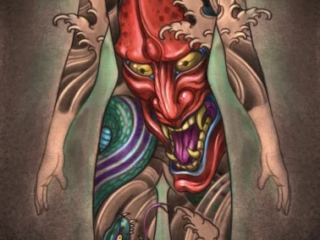 tattoo-sketch-hannya-mask-snake-bodysuit-colored-digital-terry-ribera-san-diego