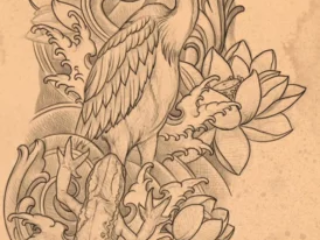 tattoo-sketch-heron-crane-lotus-waves-ornamental-pencil-terry-ribera-san-diego