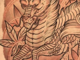 tattoo-sketch-japanese-dragon-kirin-maple-leaf-red-pencil-terry-ribera-san-diego