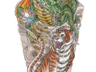 tattoo-sketch-japanese-dragon-tiger-foo-dog-colored-sleeve-terry-ribera-san-diego