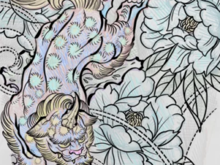 tattoo-sketch-neo-japanese-tiger-peony-holographic-colored-digital-terry-ribera-san-diego